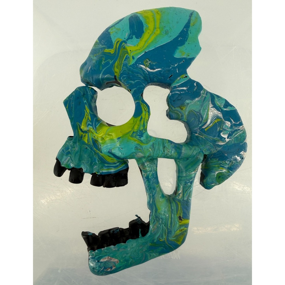 Handmade Acrylic Pour Skull Wall Art Blue Teal Abstract Gothic Halloween Decor